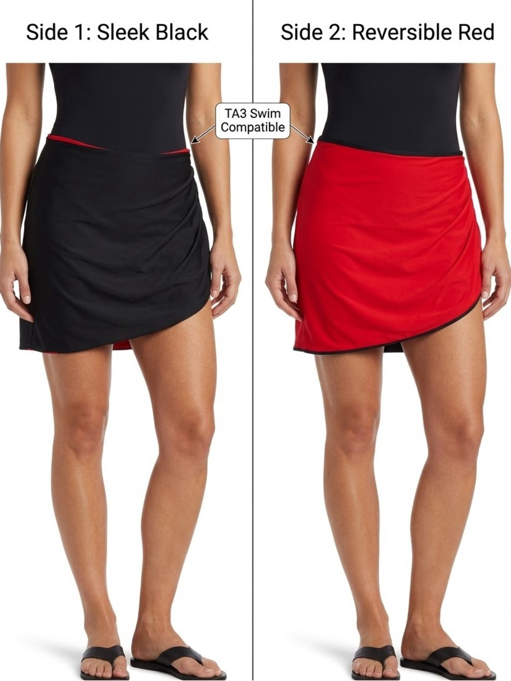 NWT TA3 Reversible Skirty Swim Skirt Cover Up Black Red Ruched Sz L